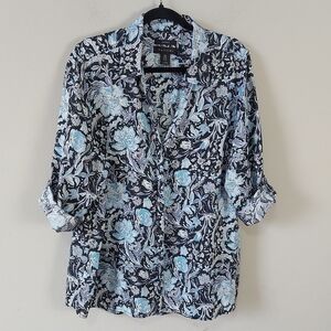 Tahari Linen Floral Roll Tab Sleeves Button Down Tunic Top Plus Size 1X Vneck